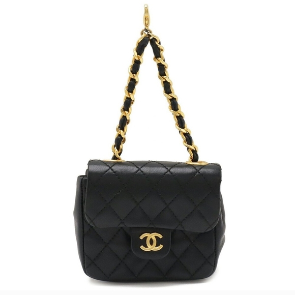 CHANEL Black Maltese Quilted Micro Bag Charm with Gold Chain - Picture 1 of 8